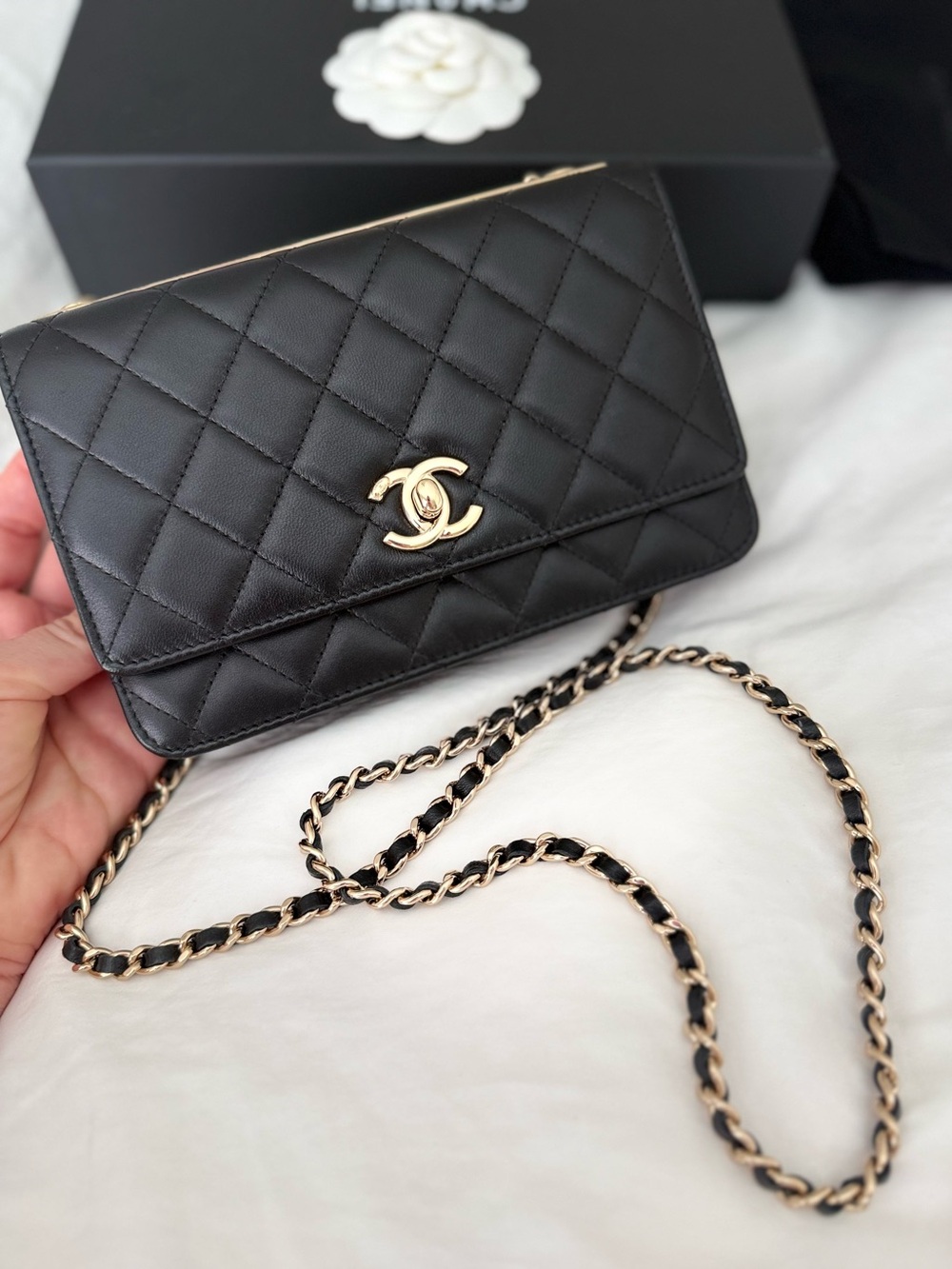 CHANEL TRENDY CC BAG (WOC) — BLACK QUILTED LAMBSKIN & GOLD HARDWARE